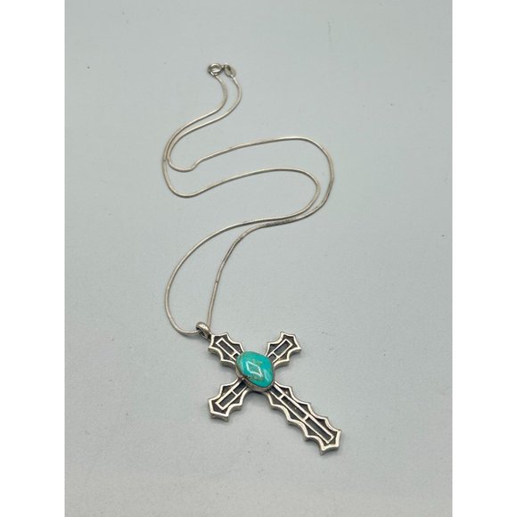 Vintage Sterling Silver & Turquoise Cross Necklace Handcrafted Native Jewelry - Picture 3 of 11